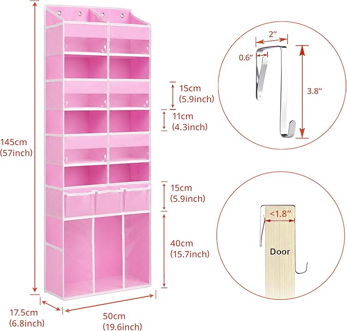 Extra Large Over The Door Organizer with Clear Pockets - 8 Compartments & XL Bottom Storage, Heavy-Duty Hanging Organizer for Bathroom, Bedroom, Closet (57 Inch Height). (Pink)