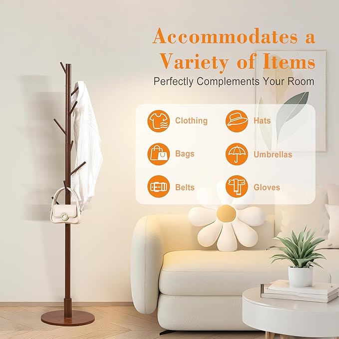 VECELO Coat Rack Freestanding, Entryway Hanger Stand, Umbrella Holder, Hall Tree With Hooks, Floor Standing Metal Tree Stand,Walnut
