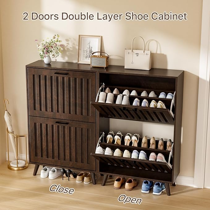 Shoe Storage Cabinet with 2 Flip Drawers, Modern Freestanding Organizer with Adjustable Shelf, Narrow Shoe Rack Cabinet for Entryway, Walnut