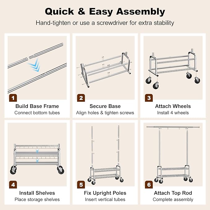 Heavy Duty Clothing Rack with Shelves, 660 LBS Capacity Rolling Metal Clothes Rack with Lockable Wheels, Garment Rack for Bedroom, Laundry Room, Portable Closet Organizer, Silver