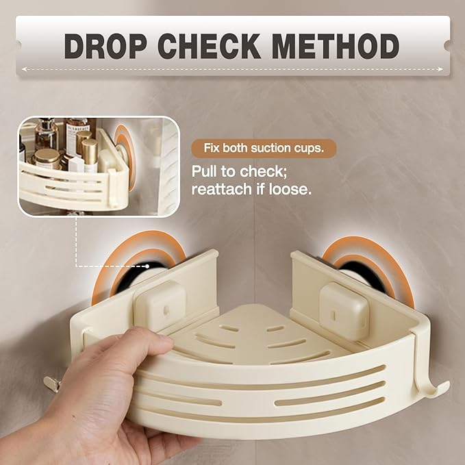 Conworld Corner Shower Caddy Suction Cups, Corner Shower Shelf With a Towel Bar, Shower Organizer Suction for Bathrooms Storage with Hooks, No-Drilling Removable (Aluminum, 2-Pack, Cream)