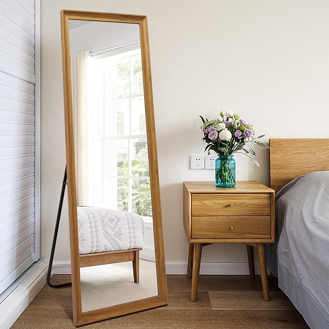 Full Length Mirror Wood Frame, 65x22in Floor Mirror Wall Full Body Mirror with Standing, Leaning Hanging for Bedroom,Living Room, Large Wooden Frame, Dark Wood
