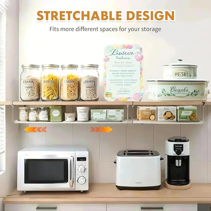 Expandable Hanging Under Shelf Storage Basket,Under Shelf Storage Organizer,Under Hanging Baskets for Cabinet,Pantry, Desk Organization,7.87" D x 14.96"-27.56W x 5.12" H,White