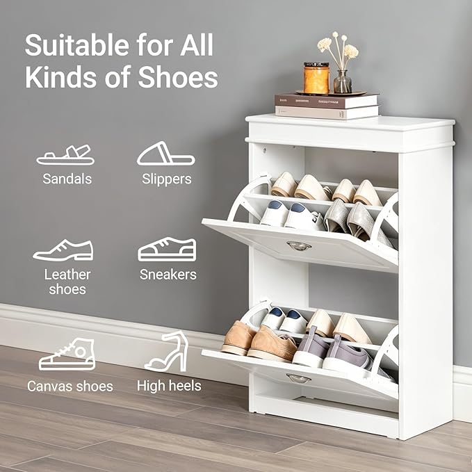 Haotian Small Shoe Cabinet, White 2 Flip Drawers Freestanding Shoe Rack, Shoe Storage Cupboard Organizer (9.45" D x 20.87" W x 32.28" H), FSR78-W