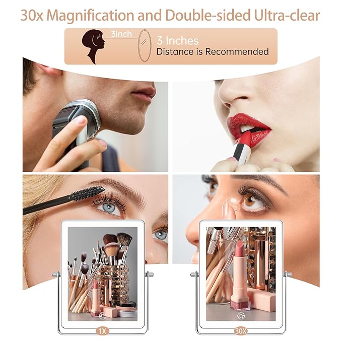 FASCINATE Rechargeable Wall Mounted Makeup Mirror, 4500mAh 8.7" Double Sided Touch Switch 1X 30X Rectangle Wall Mounted Magnifying Mirror with Light, 3 Color Setting, Extended Arm 360° Foldable Chrome