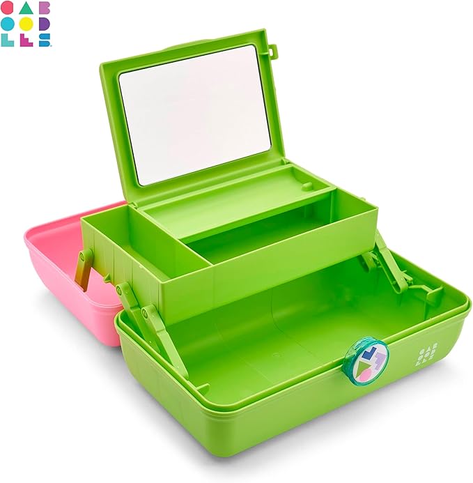 Caboodles On-The-Go Girl Makeup Box, Two-Tone Pink on Neon Green, Hard Plastic Makeup Organizer Box, Built-In Mirror, Secure Latch for Safe Travel, Spacious Storage for Large Items