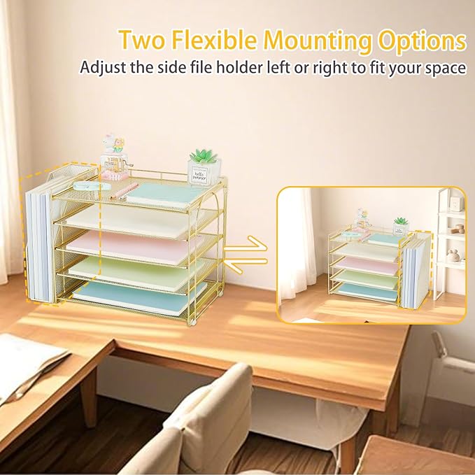 AUPSEN Gold Desk Organizers and Accessories, 5-Tier Desktop Paper File Organizer with Removable File Holder, Desk Accessories & Workspace Organization for Home Office Supplies (Gold)