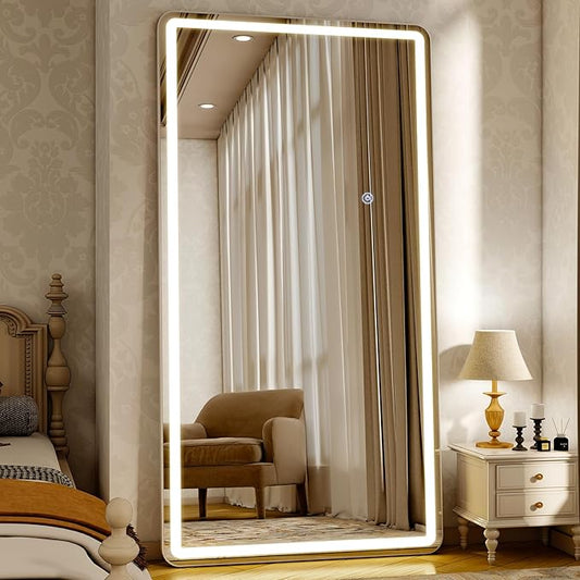 76"x34" LED Full Length Mirror – Standing Floor Mirror with Dimmable Lights 3 Color Modes – Adjustable Brightness, Wall-Mount or Lean for Barber, Fitness Center, Dressing Room, Vanity