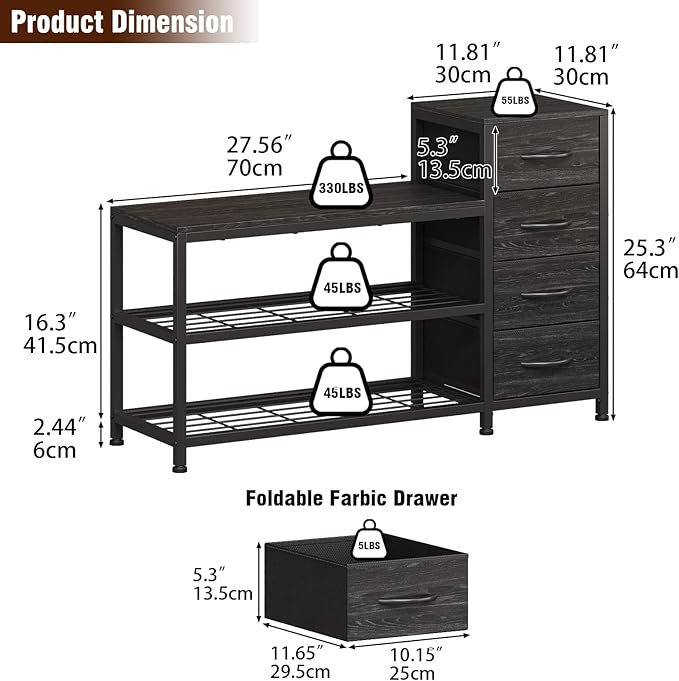 EXOTICA 3 Tier Entryway Bench Shoe Storage Bench with 4 Fabric Drawers Metal Frame and Wooden Board Shoe Rack Bench with Seat for Entryway Hallway Front Door Doorway