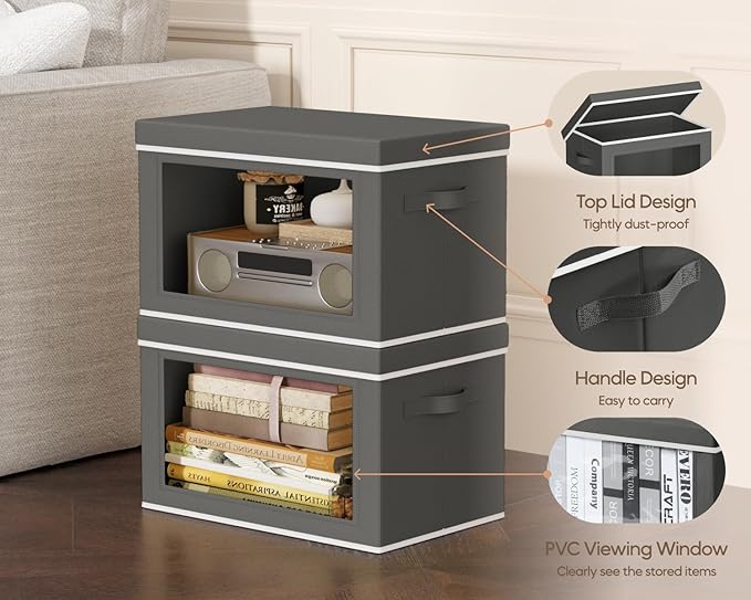 Homsorout Collapsible Storage Bins with Lids - Stackable Storage Containers with Window, 3 Pack Fabric Bins for Closet, Home & Office Organization Baskets, Dark Gray, 14.9" x 9.8" x 9.8"