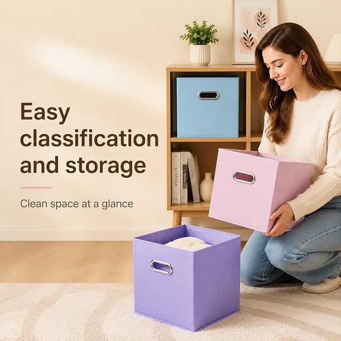 6 Pack Storage Bins, 10.4 x 10.4 x 11 Inch Foldable Fabric Storage Cubes with Metal Handles for Shelves, Closet, Clothes, Toy(Multicolor)