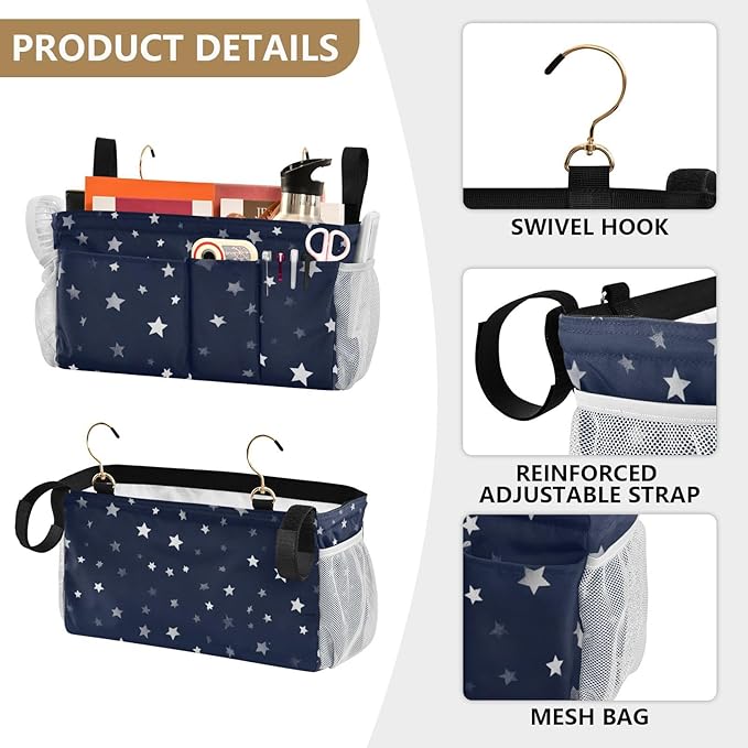 Bedside Caddy Hanging Bunk Bed Caddy Bed Organizer Hanging Pocket with 2 Hooks Bedside Storage Organizer Pocket Bag Holder Stars Dark Blue