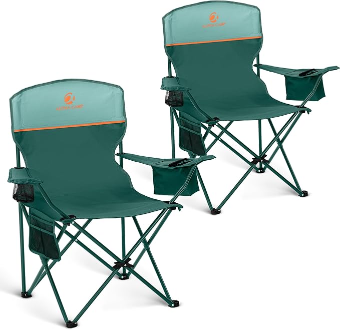 ALPHA CAMP Camping Chairs 350LBS Capacity, Heavy Duty Folding Chair with 4-Can Cooler Bag, Portable Outdoor Chair with Cup Holder for Adults, Collapsible for Tailgating, Beach, Fishing