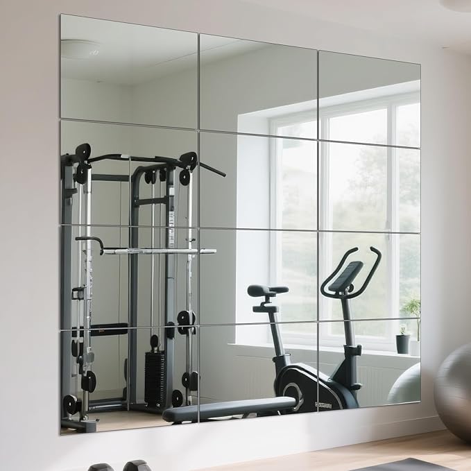 Full Length Wall Mirror Tiles, HD Glass Gym Mirror, Set of 12Pcs 12″×16″ Wall Mounted Mirrors for Home Gym, Dance Yoga Studio, Bedroom, Door