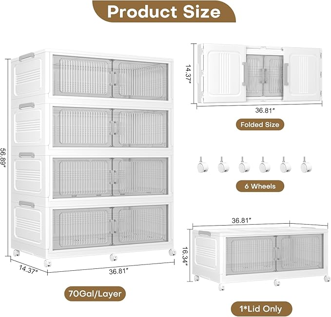 Extra Large Stackable Storage Bins with Lid, 280Gal/1120QT Foldable Collapsible Storage Box with Doors, Wheels and Drawers, Plastic Closet Organizer Container for Kitchen, Bedroom, Dorm, 4Pack