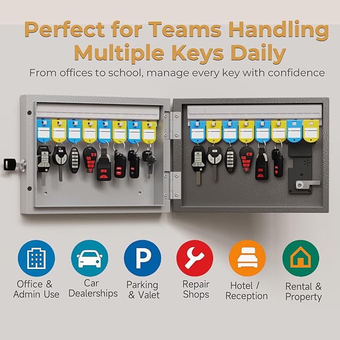 16 Key Lock Box Wall Mount, Smart Key Management Cabinet use One Time Password, Fixed Code, Bluetooth, Wi-Fi Remote Unlock, Security Lockbox Organizer, APP Access Log Tracking for Valets, Car, Office