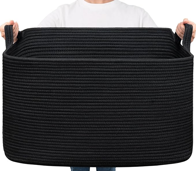 Goodpick Extra Large Storage Basket, 23.6" x 15.7" x 13.8" Rectangle Cotton Rope Basket for Blankets, Pillows, Toys, Woven Dirty Clothes Baskets for Laundry, Black
