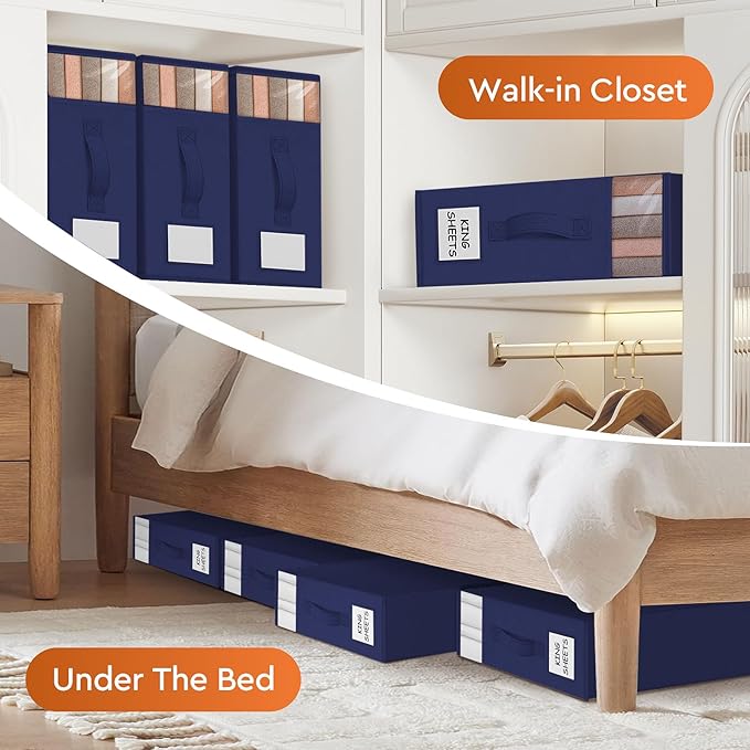 StorageTastic 2 Pack Bed Sheet Closet Organizers and Storage,Sturdy Foldable Storage Containers with Window and Label,Storage and Organization for Bedding Sheets,Duvet Covers,Blankets (Blue)