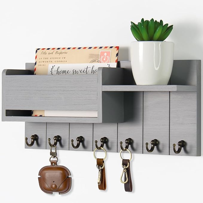 RelaxScene Key Holder Wall Mount - Decorative Key Rack and Mail Organizer with 7 Key Hooks - Wooden Key Hanger with Shelf for Living Room Decor - Rustic Farmhouse Home Entryway Aesthetic Essentials