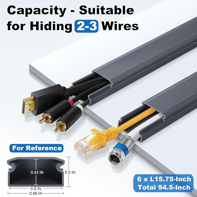 ZhiYo Cord Cover Wall Kit, 94.5in Cord Hider Wall Mounted TV, Self-Adhesive Wire Covers for Cords, Paintable Wire Hiders Cable Raceway Kit, Cable Concealer, 6 x L15.75in W1 H0.5in, Grey