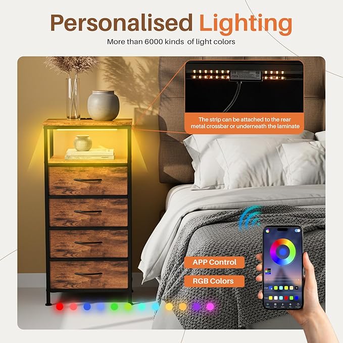 DUMOS Nightstand with Charging Station, Bedside End Table with 4 Fabric Drawers & USB/Type-C Ports and Outlets, Night Stand for Bedroom Furniture, Adjustable Feet and Variable Light Strip, Rust
