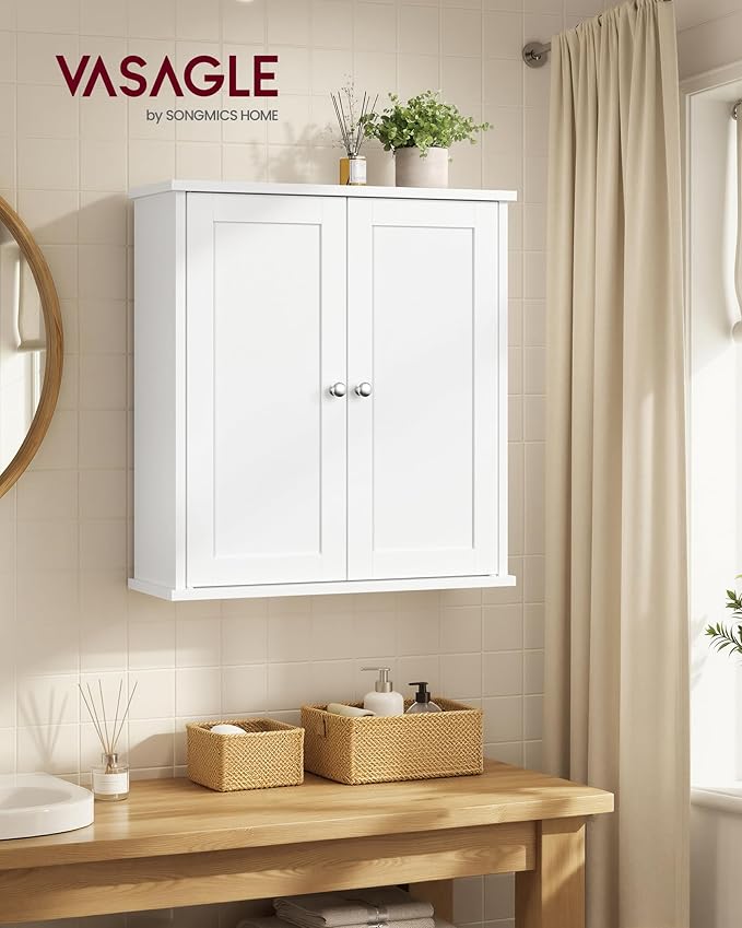 VASAGLE Siren Collection - Bathroom Wall Cabinet, Hanging Bathroom Storage Cabinet, for Medicines, Farmhouse, 2 Adjustable Shelves, 7.9 x 17.7 x 23.6 Inches, Cloud White UBBK320WB01S