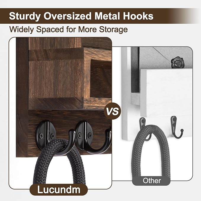 Key and Mail Holder Wall Mount, Key Hanger with Long Storage Box and 5 Hooks for Coat, Dog Leash, Home Decor Rack, House Accessories, Entry Way Organizer 11.8”W x 7.8”H x 3.2”D