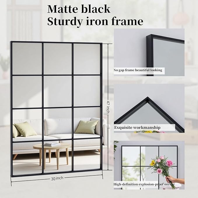 Dewfig Rectangle Window Mirror Wall Mounted, 30"x47"in Window Pane Mirror Wall Decor Metal Framed, Large Black Mirrors for Bedroom Living Room Fireplace Entryway Hanging or Leaning Against Wall,Black
