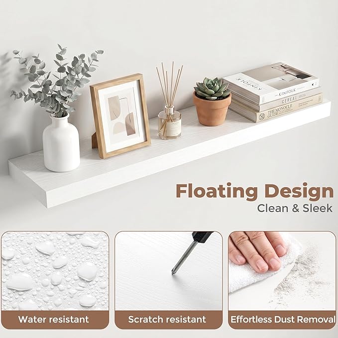 Venusmiles Floating Shelves for Wall, 32 Inch Floating Shelves Set of 2, 6.5" D Wooden Wall Mounted Display Shelves with Invisible Brackets for Living Room, Bedroom, Bathroom, Kitchen Decor, White
