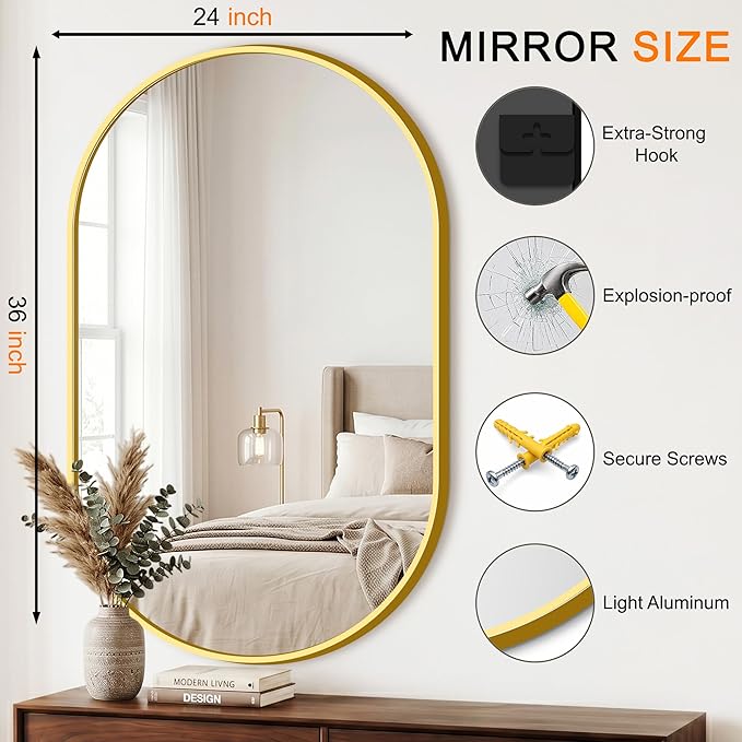 TRAHOME Oval Bathroom Mirror, 24"x36" Gold Vanity Mirror for Over Sink, Bedroom, Living Room, Entryway, Modern Mounted Metal Frame Wall Mirror