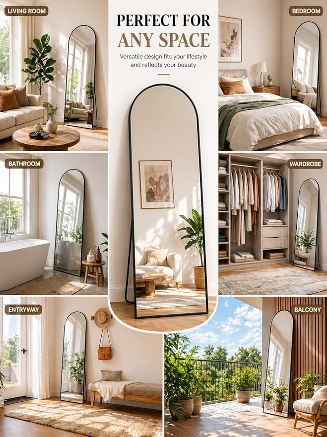Full Length Mirror, 58.5"x18" Arched Floor Mirror Freestanding, Floor Standing Full Body Mirror with Stand for Bedroom, Hanging Mounted for Living Room Cloakroom (Black, 58.5" L x 18" W)