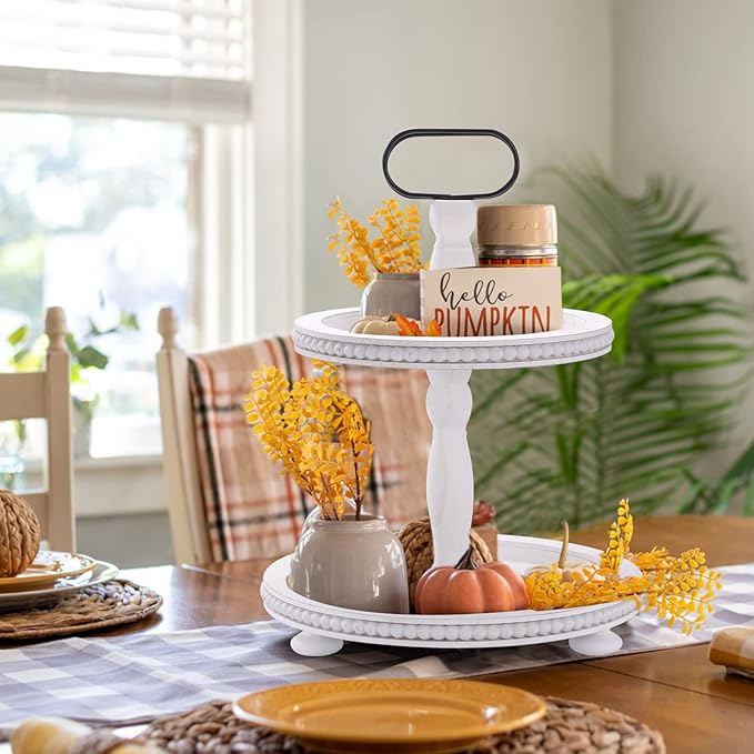 Urban Deco Wooden Decorative Tray Two Tiered Trays Decorations Round Serving Tray with Metal Handle, Wooden Cupcake Stand for Party Tiered Dessert Stand - Retro White Farmhouse Wood Tray