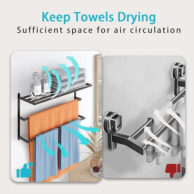 VOTZAAQ Towel Racks for Bathroom, 24 in Black Towel Shelf with Double Towel Bar, 3 Tier Stainless Steel Towel Storage, Bath Towel Holder Wall Mounted for Lavatory Organizer Decor RV Camping