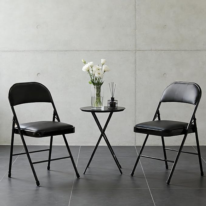 Simple Deluxe 2 Pack Portable Padded Folding Chairs, Leather Upholstered Seat Pad & Durable Metal Construction, Commercial-Grade Seating for Home, Office, Indoor Outdoor Events, Black