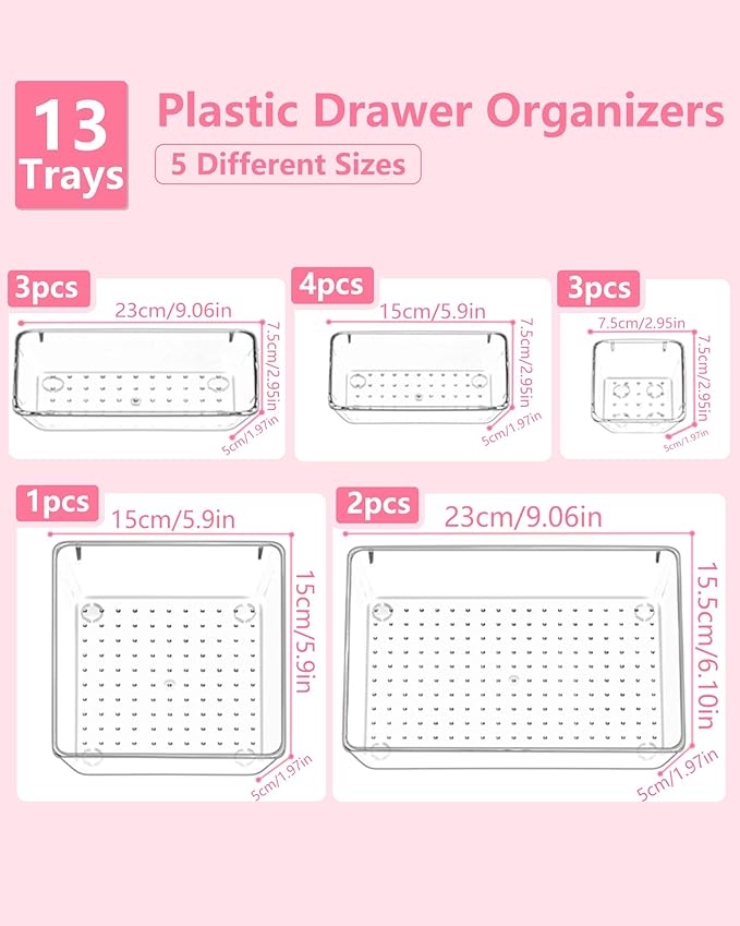 13 Pcs Makeup Drawer Organizer Set, 5 Sizes Versatile Vanity Drawer Organizer for Makeup, Non-Slip Desk Organizer Trays for Bathroom, Bedroom, Office, Fits Jewelry and Office Supplies
