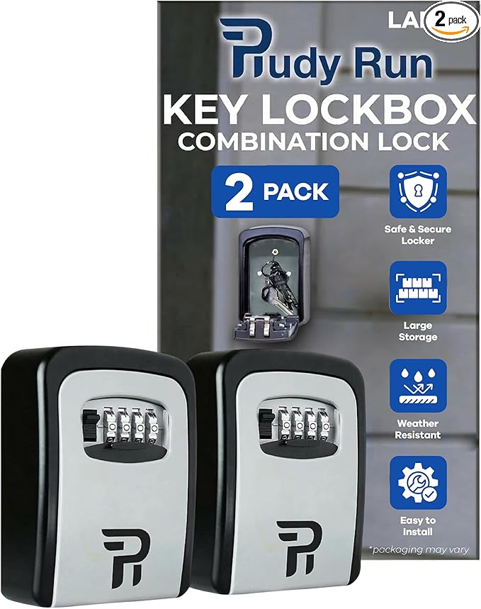 Rudy Run Key Lock Box for Outside – Large Outdoor Lockbox for Keys with Code, 4-Digit Combination Hidden Safe to Hide a Key Outside, Wall Mounted Key Storage for Home, Airbnb, 2 Pack