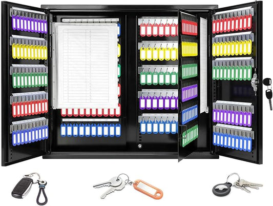 440 Keys Dual-Door Key Lock Box Wall Mount with 20 Adjustable Hook Plates, Numbered Hooks and Tags, Steel Key Cabinet with Index Log, Key Storage Box Key Organizer for Garage Home Office, Black