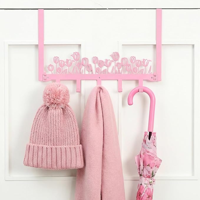 AceOrbit Pink Tulip Over The Door Hooks Wall Mount Towel Hanger Cute Door Holder Rack with 5 Hooks Hanging Towel, Coat Keys, Bags, Hats, Clothes for Bedroom Bathroom Kitchen Dorm Room Organizer