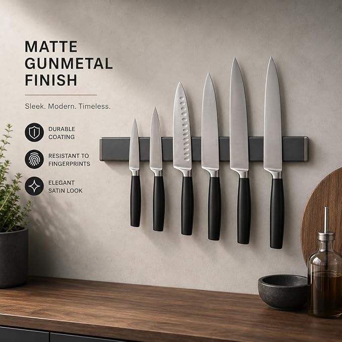 Magnetic Knife Holder 16 Inch Gunmetal – Exclusive Color Stainless Steel Strip, Rack & Bar for Wall or Fridge, No Drill Adhesive Kitchen Organizer, Premium Gift by Pampavanna