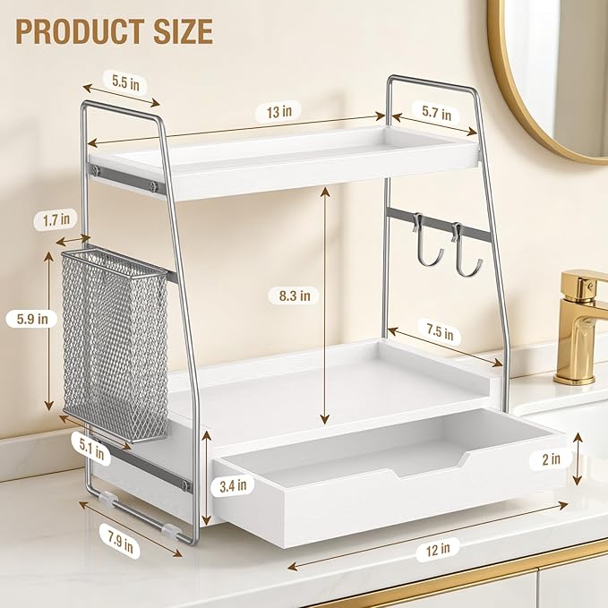 2-Tier Bathroom Counter Organizer with Drawer and Removable Basket, Wood Vanity Countertop Storage for Perfume, Makeup, Skincare, Bathroom Counter Shelf, Moisture-Resistant, Silver