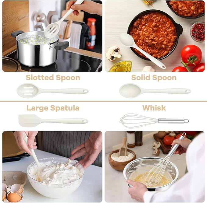 TeamFar Silicone Cooking Utensils Set, 8 PCS Kitchen Utensils Set, 446°F Heat Resistant, Turner, Spatula, Spoon, Whisk, Kitchen Cooking Gadgets Tools for Nonstick Cookware, Dishwasher Safe-White