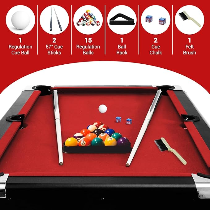 7 Foot Pool Table for Family, Foldable No Assembly Pool Table with Balls, Cues, Chalk, Rack & Brush, Portable Billiards Game Table for Apartment, Basement, Office & Game Room