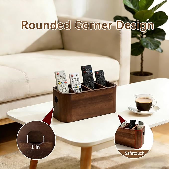 Acacia Wood Remote Control Holder, Walnut Color TV Remote Holder with 4 Adjustable Compartments, Wooden Remote Caddy Organizer for Table, Desk, Nightstand, Living Room, Office