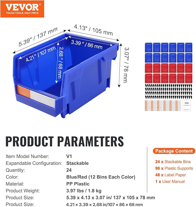 VEVOR Plastic Storage Bins 24 Pack (5 x 4 x 3-Inch), Hanging Stackable Storage Organizer Bins, Heavy Duty Stacking Containers for Closet, Garage, Office, or Small Parts Organization