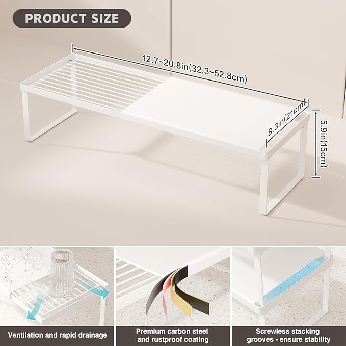 Magheo Expandable Cabinet Shelf Organizer, 2 Pack Stackable Kitchen Counter Shelf Riser, Metal Spice Rack Heavy Duty Countertop Organizer Storage for Kitchen, Pantry, Cupboard, Rv (5.9in Height,White)
