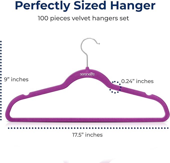 SereneLife 100 Pack Premium Velvet Hangers, Ultra Thin Non Slip Adult Felt Space Saving Hangers, for Closet Heavy Duty Coat, Pants, Jackets, Dress Hangers, 360° Swivel Hook Hold Upto 10 lbs (Purple)