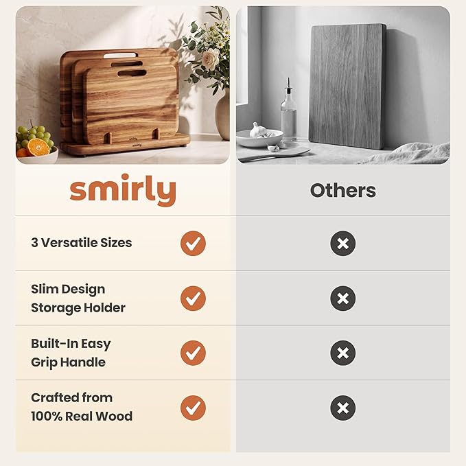 SMIRLY Wooden Cutting Boards for Kitchen, Double-Sided Cutting Board with Handle, Heavy Duty Solid Acacia Wood Cutting Board Set with Stand, 3 Pcs Cutting Boards Non Toxic for Meat Vegetable Fruit
