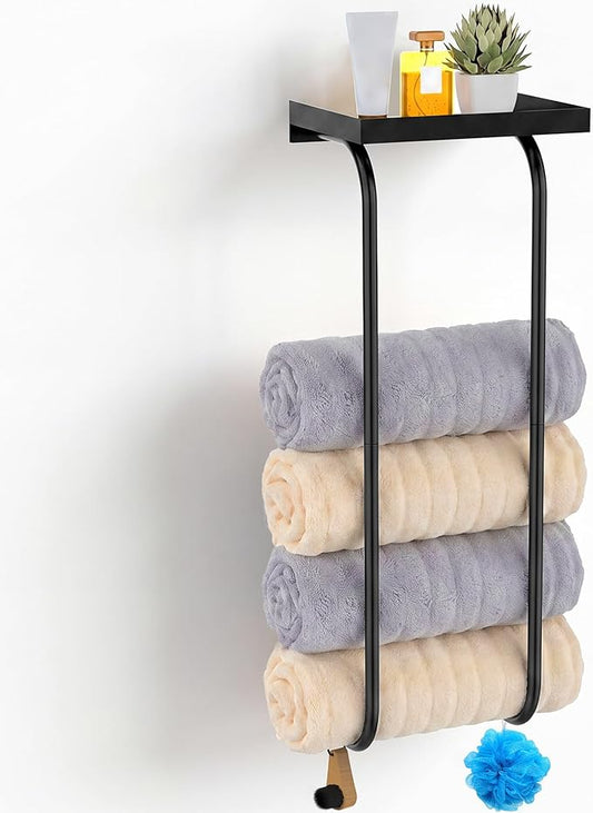 31" Towel Racks for Bathroom, Heavy-Duty Stainless Steel Holds 6 Large Rolled Towels,Wall Mounted Towel Holder with Shelf & Hooks,Extra-Wide Opening Wall Storage for Small Bathroom, Matte Black