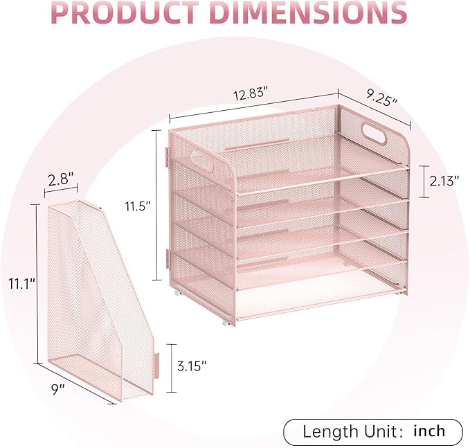 SUPEASY 5-Tier Desk Organizer with File Holder, Desk Organizers and Accessories, Paper Organizer for Desk, Mesh Desktop File Organizer, Workspace Organizers for Office School Home, Pink