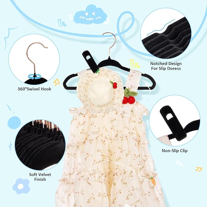 Tonswachic Baby Velvet Hangers 50 Pack - 11 Inch Premium Non Slip Felt Kids Hanger for Toddler & Infant Clothes - 0.2" Ultra Thin Baby Clothes Hangers with 10 Hanger Clips - Black